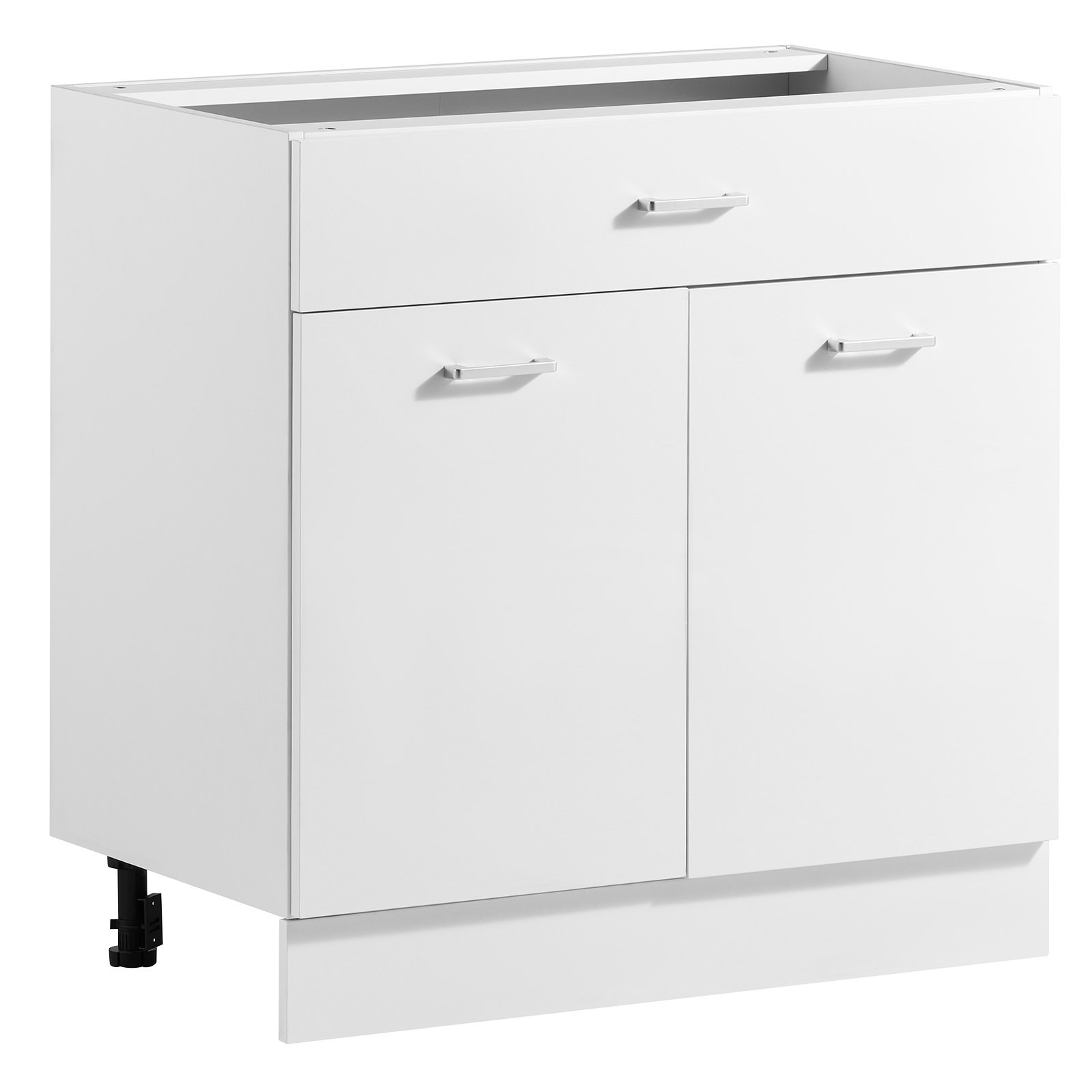 Kokoamisvalmis Shaker-tyylinen alakaappi, valkoinen, leveys 80 cm, 800 × 475 × 815 mm (L × S × K), 2 ovea, 1 laatikko, säädettävä hylly ja pehmeästi sulkeutuvat helat, kotiin, toimistoon ja pesutilaan
