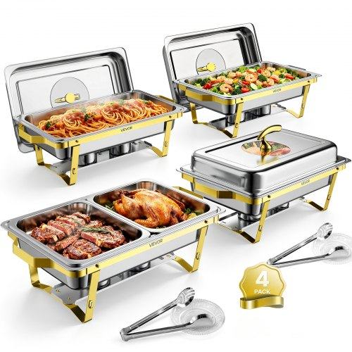 Suorakaiteen muotoiset ruostumattomat teräksiset buffet-lämpöastiat, 4 kpl, 8,5 l, 2 täys- ja 4 puolikokoista GN-astiaa, lasikansi, polttoainepidike, pihdit ja lasialusta, juhliin ja häihin