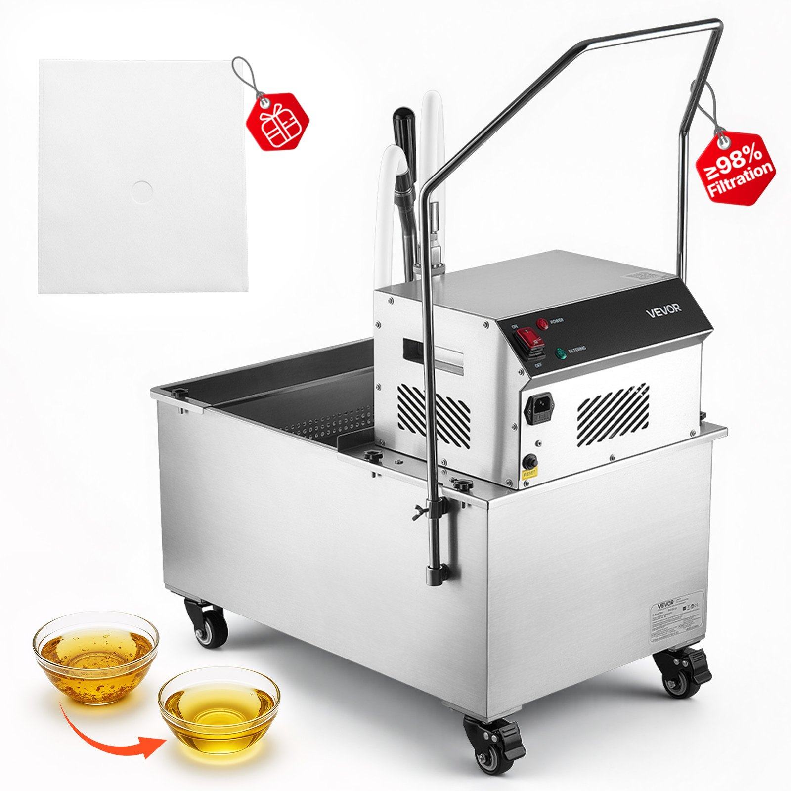 Ammattikäyttöinen pyörällinen ruostumaton teräksinen paistoöljyn suodatuskone, 55 l / 14,5 gallonaa, 250 W, suodatusnopeus 12 l/min, ravintolaan, keittiöön ja hampurilaisravintolaan