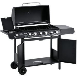 Kaasugrilli 7 polttimella, mukaan lukien lämpömittari, BBQ-grilli, kannettava grilli, musta