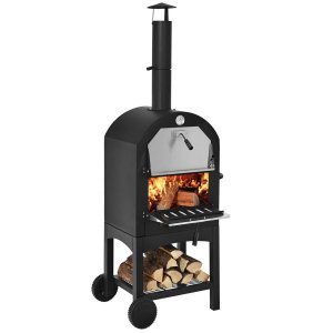 Puulämmitteinen pizzauuni, vapaasti seisova puutarhagrilli, jossa on 2 pyörää, kestävä pizzagrilli ulkokäyttöön