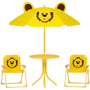 Lasten puutarhakalustesetti, tuolit, pöytä, aurinkovarjo, leijonakuvio, keltainen