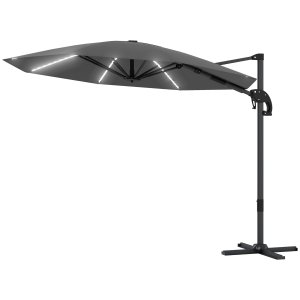 Alumiininen ulokevarjo LED-aurinkokennovalaistuksella, Ø 300 cm, korkeussäädettävä, kampijalalla, UV50+, tummanharmaa
