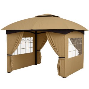 3,4 x 3,4 m puutarhapaviljonki, olutteltta tuuletetulla katolla, kaari-ikkunat, teräsrunko, beige