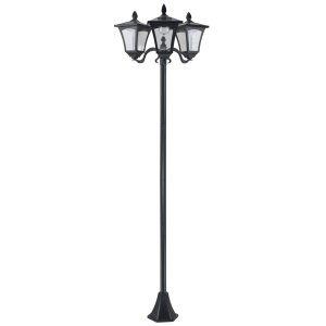 Aurinkokäyttöinen puutarhalyhty, jossa 3 valoa, ruostumattomasta teräksestä valmistettu lyhtytanko, LED 120 lumenia, 51,5x47x182,5cm, IP44-luokiteltu polkuvalaisin puutarhaan ja parvekkeelle, musta