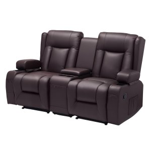 Loveseat-nojatuoli, manuaalinen lepotuoli keskikonsolilla, PU-keinonahkainen lepotuoli USB-porteilla, mukitelineillä ja säilytyslaukuilla, kaksoisloft-tuoli olohuoneeseen/asuntovaunuun, ruskea