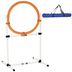 Agility-hyppyrengas koirille, agility-setti koirille, 2-yhdessä-agilityrengas hyppyrengastangolla ja kantolaukulla, muovia, 74,5 x 66 x 91 cm, valkoinen ja oranssi