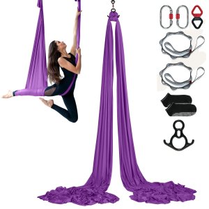 Aerial Silk & Yoga Swing, 8,7 jaardia, Aerial Yoga Hammock Kit 100gsm nailonkankaalla, Täydellinen Rikityslaitteisto ja Helppo Asennusopas, Antigravity Flying Kaikentasoisille Kehonrakennukseen, Violetti